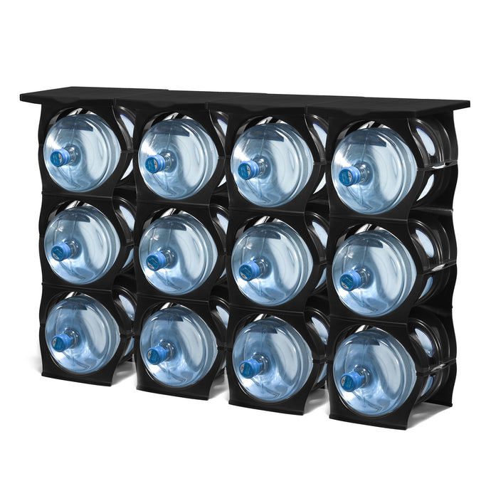ECO pack BLACK Water Bottle Rack for 12 bottles PLUS top shelves, 3 & 5 gallon jugs storage - bariboo