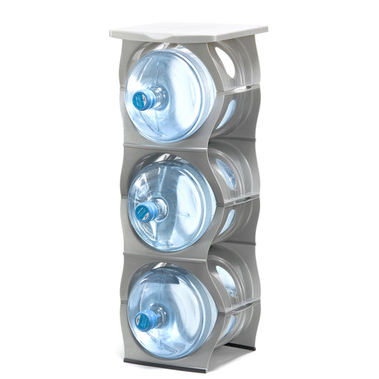 SILVER Water Bottle Rack for 3 bottles PLUS top shelf, 3 & 5 gallon jugs storage - bariboo