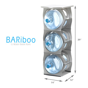 SILVER Water Bottle Rack for 3 bottles PLUS top shelf, 3 & 5 gallon jugs storage - bariboo